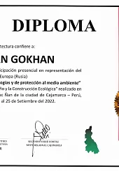 Диплом за участие в выставке "La Feria del Diseño y Construcción Ecológica" в городе Кахамарка, Перу с 21 по 25 сентября 2022 года_Gokhan